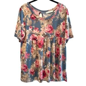 Simisue Babydoll Top Blue Floral Cottagecore Short Sleeve Women Large